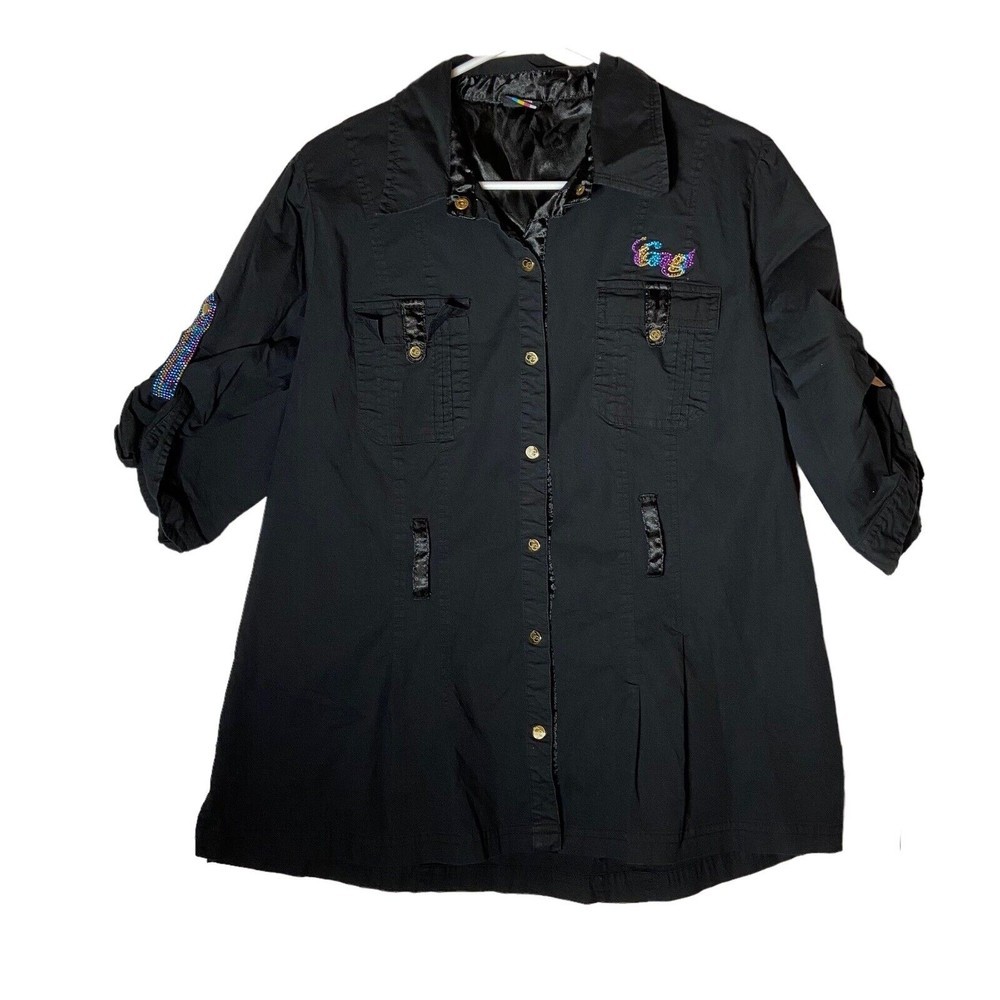 Coogi Black Military Style Snap Short Sleeve Rhinestone Women's 2XL Belt Loops